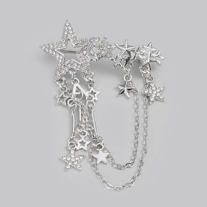 DareSee 1件情侣时尚星形水钻流苏镂空奢华链条胸针，适合搭配西装、衬衫和音乐节