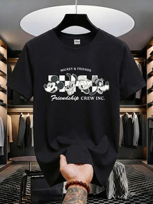 Disney 男士休闲短袖圆领T恤，印有米奇、高飞和布鲁托等卡通人物图案，黑白棋盘格纹设计。适合四季日常穿着，旅行必备。男士图案T恤，男装。 - 黑色 - 查看 2