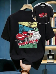 Disney 赛车主题男士T恤，前后印有闪电MAX速度动漫风格图案，适合日常穿着、海滩度假、男士时尚以及嘉年华活动。 - 黑色 - 查看 4