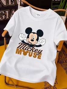Disney Áo thun nam tay ngắn cổ tròn, kiểu dáng thường ngày, in hình chuột Mickey nháy mắt dễ thương, phù hợp mặc hàng ngày trong mọi mùa. Áo thun in hình dành cho nam, trang phục nam. - trắng - Xem 1