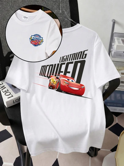 Disney Men's Round Neck Cartoon Letter Casual Versatile Short Sleeve T-Shirt, Suitable For All Seasons Daily Wear, Great For Traveling