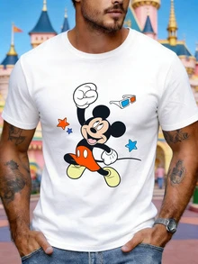 Disney 男士休闲短袖圆领T恤，采用经典的米奇跳跃欢呼图案和星形纹样，适合四季日常穿着。男士图案T恤，男装。 - 白色 - 查看 1