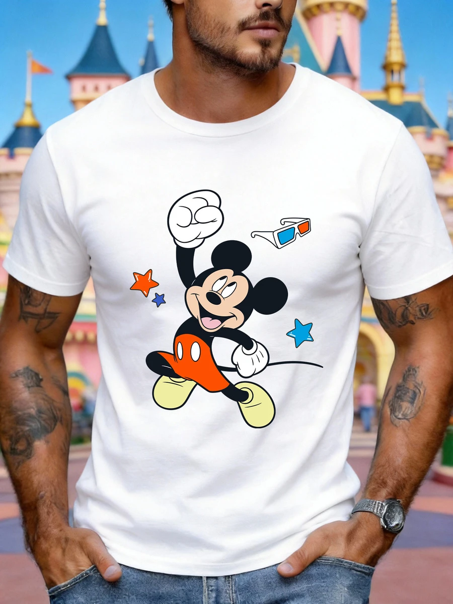 Disney 男士休闲短袖圆领T恤，采用经典的米奇跳跃欢呼图案和星形纹样，适合四季日常穿着。男士图案T恤，男装。 - 白色 - 查看 1