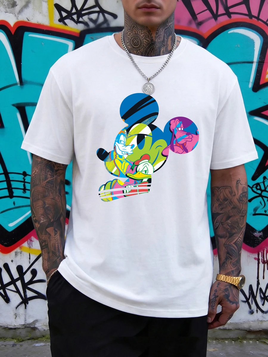 Disney 男士休闲短袖圆领T恤，采用撞色波普艺术风格米老鼠图案印花，适合四季日常穿着。男士图案T恤，男装。 - 白色 - 查看 1