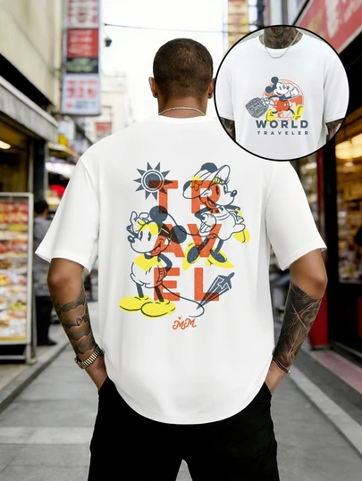 Disney 男士休闲短袖圆领T恤，米奇和米妮旅行图案，米奇手提行李箱，适合日常穿着和旅行，四季皆宜。