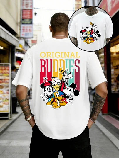 Disney 迪士尼男士T恤，米奇和朋友们图案印花，经典复古图案，前后双面印花街头风上衣，度假主题设计，适合日常通勤、男士服装和嘉年华活动