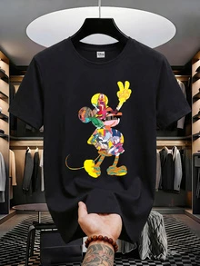 Disney Men's Casual Round Neck Short Sleeve T-Shirt With Artistic Graffiti Mickey Mouse Print, Suitable For All Season Everyday Wear. Men's Graphic Tee, Men's Apparel. - Black - View 2