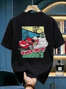 Disney 赛车主题男士T恤，前后印有闪电MAX速度动漫风格图案，适合日常穿着、海滩度假、男士时尚以及嘉年华活动。 - 黑色 - 查看 6