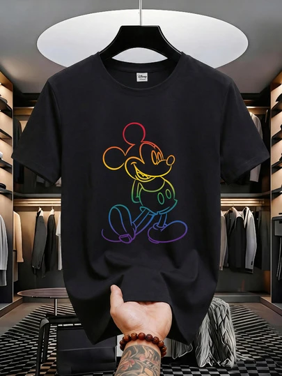 Disney Men's Casual Round Neck Short Sleeve T-Shirt With Colorful Gradient Mickey Mouse Graphic Print, Suitable For Everyday Wear All Year Round. Men's Graphic Tee, Men's Apparel.