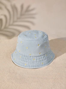 Tropiscape Floral Embroidered Bucket Hat Boho Vacay Vibes Vacation Relax Beach Autumn Winter Gifts - Baby Blue - View 2