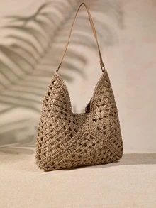 Tropiscape Women's Hand-Woven Grandmother Check Contrasting Large Capacity Tote Bag, Beach Purse, Perfect For Summer, Vacation & Daily Use, Travel Must Haves Vacay Vibes Vacation Relax Beach Autumn Winter Gifts - Khaki - View 2