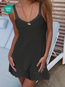Đầm slip đi biển khoét rỗng gợi cảm dành cho nữ, kiểu dáng tối giản cho kỳ nghỉ hè, màu đen. - màu đen - Xem 3