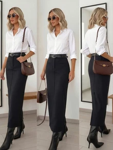 女士通勤职业休闲开衩铅笔裙，含腰带，修身廓形 - 黑色 - 查看 1