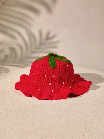 Tropiscape 1pc Women's Handmade Crochet Strawberry Knit Bucket Hat, Warm & Stylish For Autumn/Winter, Suitable For Daily Wear Vacay Vibes Vacation Relax Beach Autumn Winter Gifts