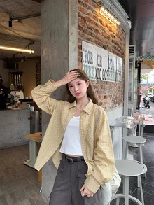 Chemise à carreaux jaune ample avec épaules tombantes vintage, blouse à carreaux ample et polyvalente pour femmes, pour les vacances de printemps/automne - Jaune citron - Voir 4