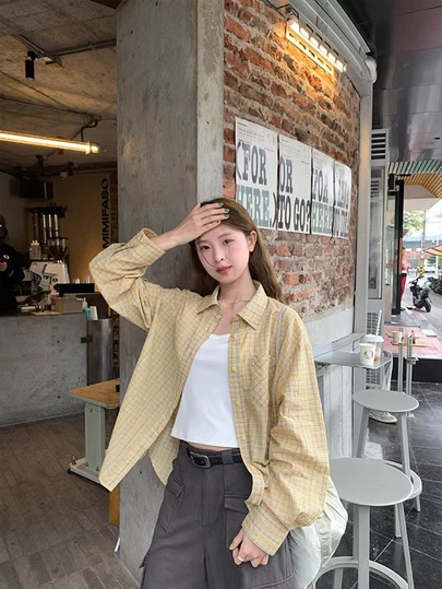 Vintage Dropped Shoulder Loose Yellow Plaid Shirt, Versatile Casual Loose Plaid Blouse For Women, Spring/Autumn