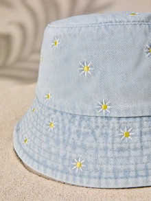 Tropiscape Floral Embroidered Bucket Hat Boho Vacay Vibes Vacation Relax Beach Autumn Winter Gifts - Baby Blue - View 5