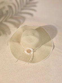 Tropiscape 1pc Women Flower Decor Boho Straw Hat, For Beach Autumn Winter Gifts - Beige - View 3