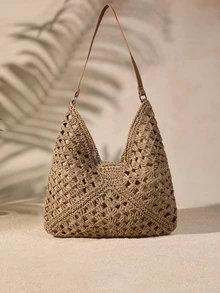 Tropiscape Women's Hand-Woven Grandmother Check Contrasting Large Capacity Tote Bag, Beach Purse, Perfect For Summer, Vacation & Daily Use, Travel Must Haves Vacay Vibes Vacation Relax Beach Autumn Winter Gifts - Khaki - View 1