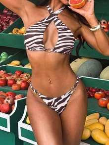 Sexy & Fashionable Bohemian Style Hollow Out Halter Neck Bikini Set, Casual Beach Vacation Swimwear For Summer - Multicolor - View 1