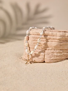 Tropiscape 1件时尚沙滩风金属海星吊坠项链，简约女士贝壳和仿珍珠串珠项链，休闲度假配饰，夏季礼物，秋季圣诞节，冬季圣诞节礼物 - 彩色 - 查看 4