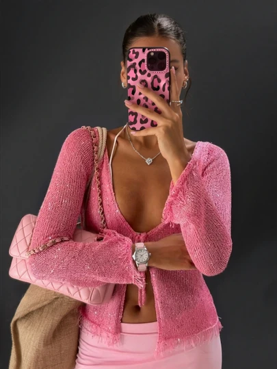 FOR BEAUTY Women's Spring And Summer New Knitted Top, Pink Solid Color Lace Up Hollow Cardigan With Patchwork Tassels, Casual Vacation Style, Suitable For Beach Vacation And Beach Travel Wear,Women Cover Up,Vacation,Boho,Summer Outfits For Women