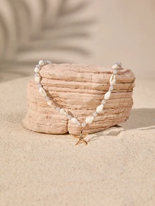 Tropiscape 1件时尚沙滩风金属海星吊坠项链，简约女士贝壳和仿珍珠串珠项链，休闲度假配饰，夏季礼物，秋季圣诞节，冬季圣诞节礼物 - 彩色 - 查看 5