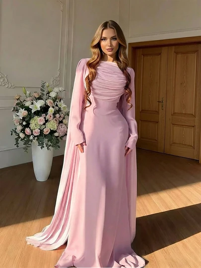 Women's Solid Color Woven Shawl Collar Ruched Waist A-Line Double Layer Lined Elegant Chic Vacation Wedding Arabic Dress