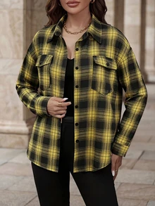 1 chiếc áo sơ mi nữ dài tay, chất liệu vải kẻ caro, có túi cài cúc phía trước, cổ ve lật, kiểu dáng thanh lịch, thoải mái, đa năng, phù hợp đi học, đi nghỉ mát, mặc hàng ngày, mọi mùa. - Màu vàng - Xem 1