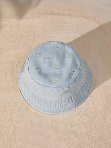 Tropiscape Floral Embroidered Bucket Hat Boho Vacay Vibes Vacation Relax Beach Autumn Winter Gifts - Baby Blue - View 3