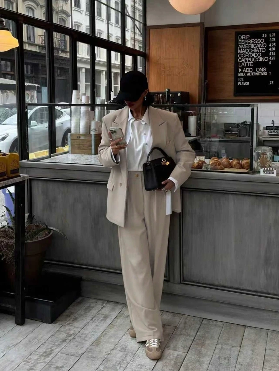 休闲优雅卡其色长袖西装外套+直筒裤，女士两件套春季套装 - 駝色 - 查看 1