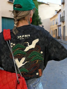 夏季新款日系仙鹤印花休闲圆领扎染短袖T恤，休闲时尚，梅花松树图案，百搭女式上衣，黑色 - 黑色 - 查看 1