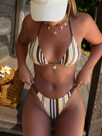 Women's Bikini Spaghetti Strap Crop Top, Y2K Retro Striped Print Yellow, Casual Vacation Pants, Built-In Bra Cropped Camisole Swimwear, Suitable For Vacation, Beach, Garden Wedding Guest, Elegant Set, Suitable For Women's Party Vacation, Urban Beach Boho Style, 2026 Spring/Summer Beach Outfit