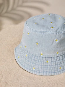 Tropiscape Floral Embroidered Bucket Hat Boho Vacay Vibes Vacation Relax Beach Autumn Winter Gifts - Baby Blue - View 4