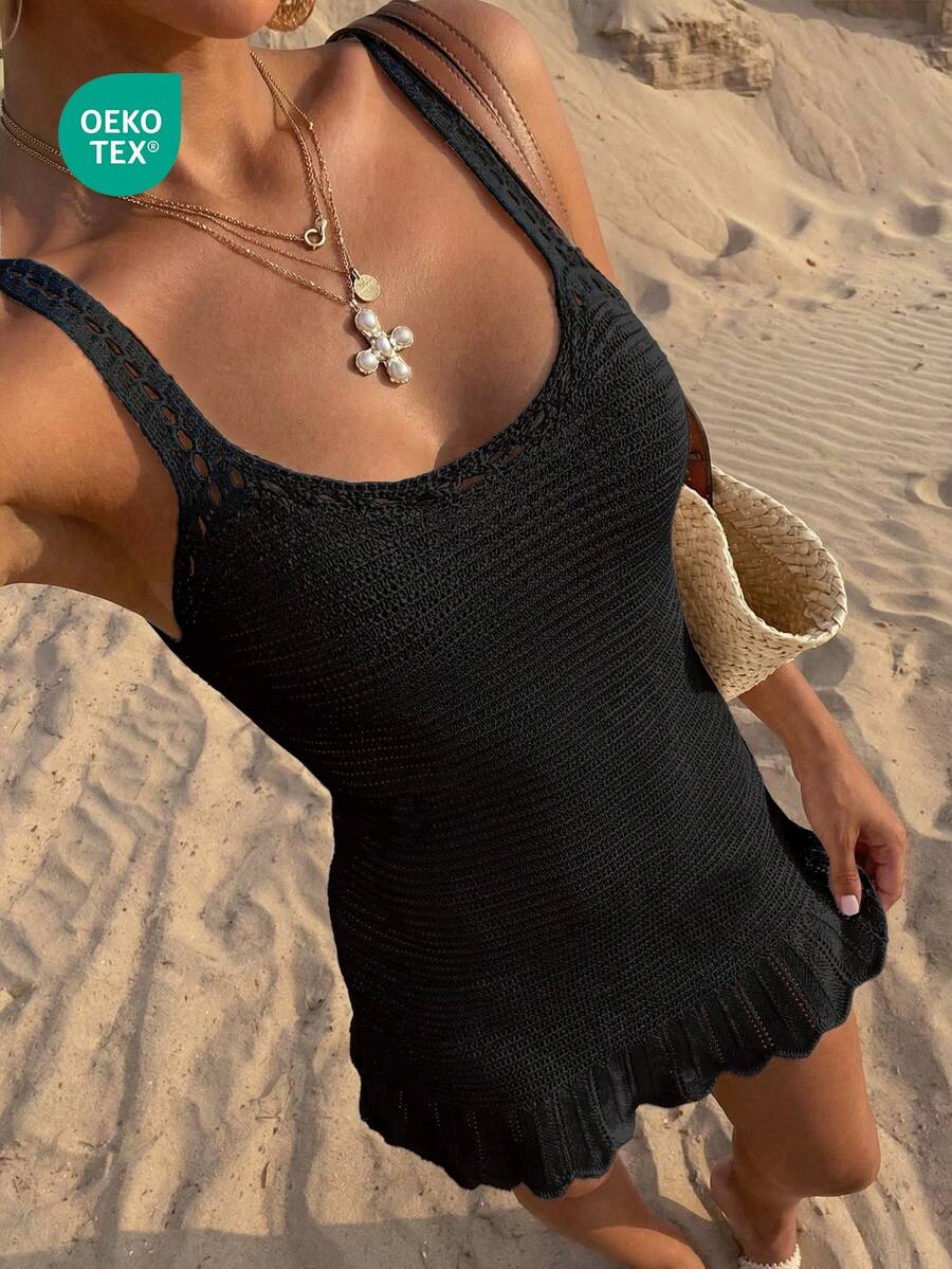 Đầm slip đi biển khoét rỗng gợi cảm dành cho nữ, kiểu dáng tối giản cho kỳ nghỉ hè, màu đen.