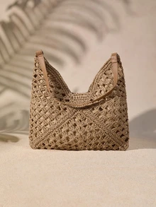 Tropiscape Women's Hand-Woven Grandmother Check Contrasting Large Capacity Tote Bag, Beach Purse, Perfect For Summer, Vacation & Daily Use, Travel Must Haves Vacay Vibes Vacation Relax Beach Autumn Winter Gifts - Khaki - View 4