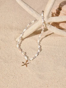 Tropiscape 1件时尚沙滩风金属海星吊坠项链，简约女士贝壳和仿珍珠串珠项链，休闲度假配饰，夏季礼物，秋季圣诞节，冬季圣诞节礼物 - 彩色 - 查看 3