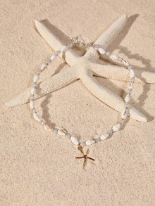 Tropiscape 1件时尚沙滩风金属海星吊坠项链，简约女士贝壳和仿珍珠串珠项链，休闲度假配饰，夏季礼物，秋季圣诞节，冬季圣诞节礼物 - 彩色 - 查看 1