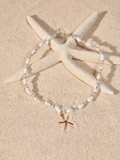 Tropiscape 1件时尚沙滩风金属海星吊坠项链，简约女士贝壳和仿珍珠串珠项链，休闲度假配饰，夏季礼物，秋季圣诞节，冬季圣诞节礼物