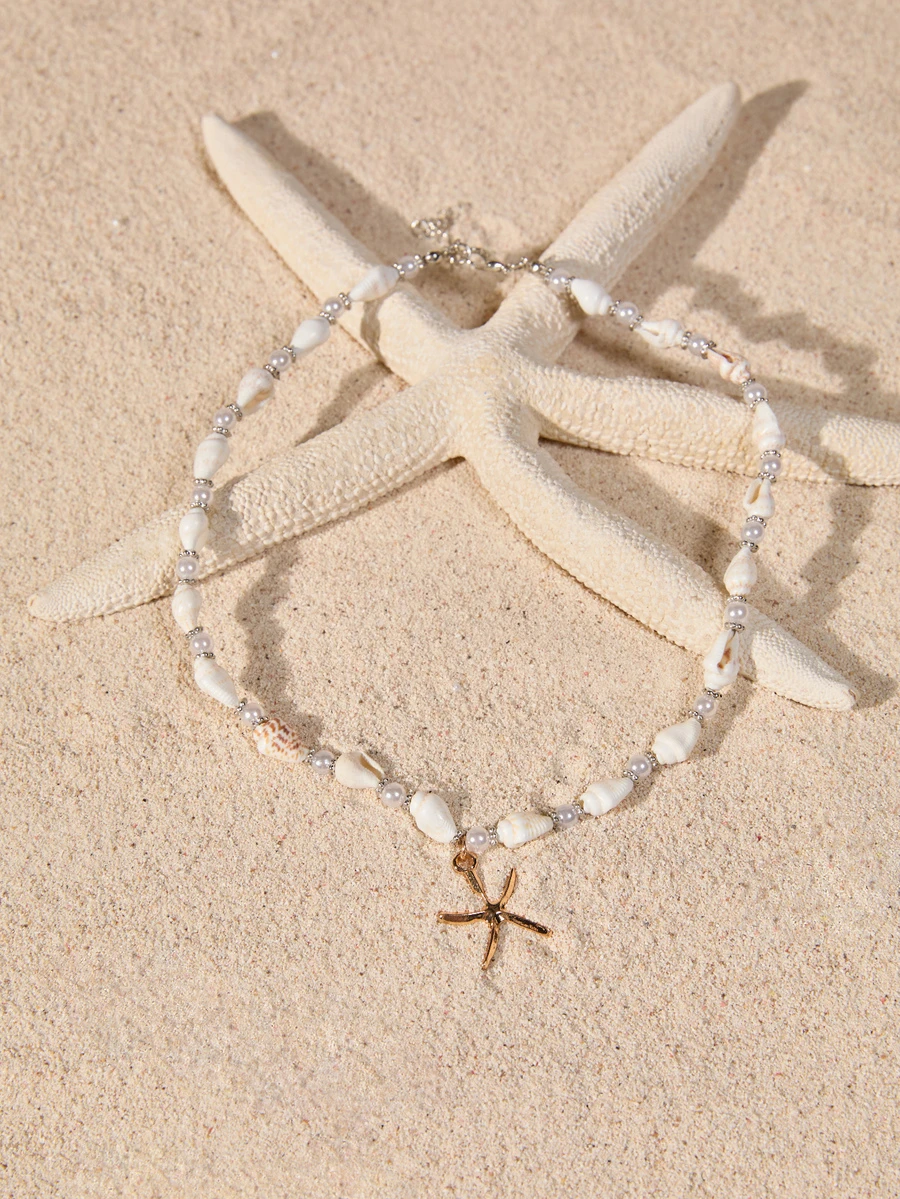 Tropiscape 1件时尚沙滩风金属海星吊坠项链，简约女士贝壳和仿珍珠串珠项链，休闲度假配饰，夏季礼物，秋季圣诞节，冬季圣诞节礼物 - 彩色 - 查看 1