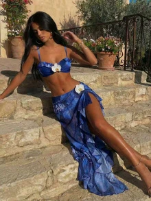 3pcs/Set Women Floral Print Elegant Sexy Backless Tie-Front Tankini Swimsuit & Skirt Beach Outfit, Spring/Summer - Blue - View 1