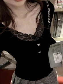 女士秋冬甜美蕾丝多功能长袖修身V领打底衫，黑色 - 黑色 - 查看 2