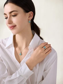 Clariva 4 件套海洋心形蓝色立方体首饰套装项链、耳环、戒指，是送给女朋友、日常佩戴和特殊场合的完美礼物 - 藍色 - 查看 4