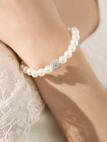 Clariva 4pcs/Set Pearl Necklace With Matching Earrings And Bracelet Jewelry Set - White - View 1