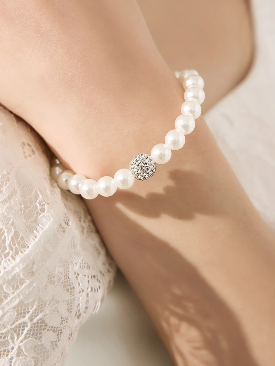 Clariva 4pcs/Set Pearl Necklace With Matching Earrings And Bracelet Jewelry Set - White - View 1