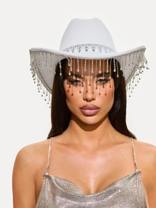 TuEzra 1pc Women's Solid Color Sparkling Crown, Fringe, Faux Rhinestone Embellished Western Cowboy Hat, For Casual Wear, Party, Wedding, Festival Halloween - Multicolor - View 3