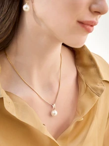 Clariva 3pcs/Set Minimalist & Fashionable Pearl Necklace Earrings Set, Suitable For Women Everyday, Festival, Party Wear - Yellow Gold - View 1