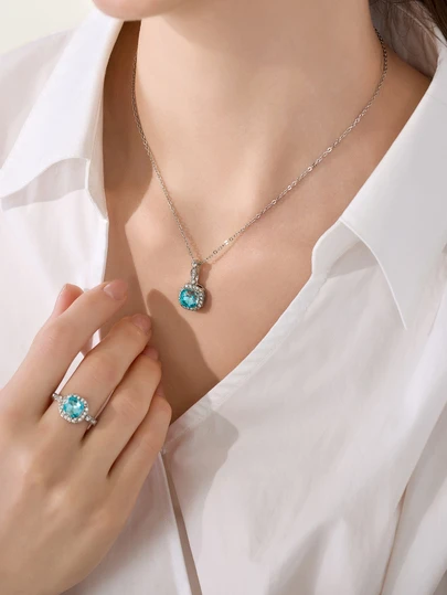 Clariva 4pcs/Set Ocean Heart Shaped Blue Cubic Jewelry Set Necklace, Earrings, Ring, Perfect Gift For Girlfriend, Daily Wear & Special Occasions