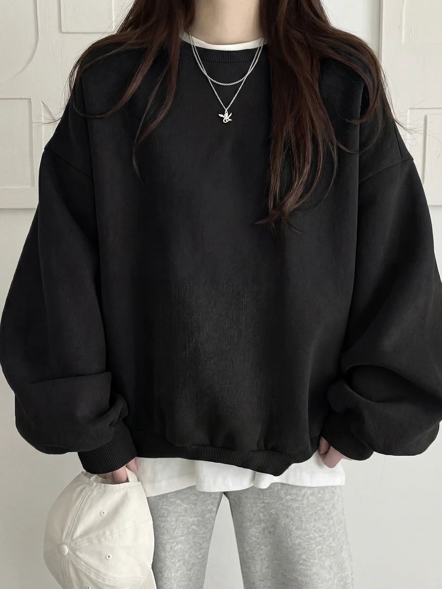 女士休闲宽松圆领长袖卫衣,舒适百搭,适合学生、日常穿着、通勤、返校季穿着,黑色春季款 - 黑色 - 查看 1