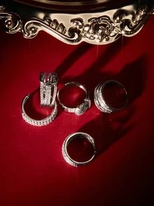 Etoivie Set de 5 anillos abiertos ajustables + caja de regalo, diseño de moda exagerado de lujo con anillos de circonita cúbica, adecuado para banquetes, fiestas, bodas, vestidos de novia - Plateado - Ver 5